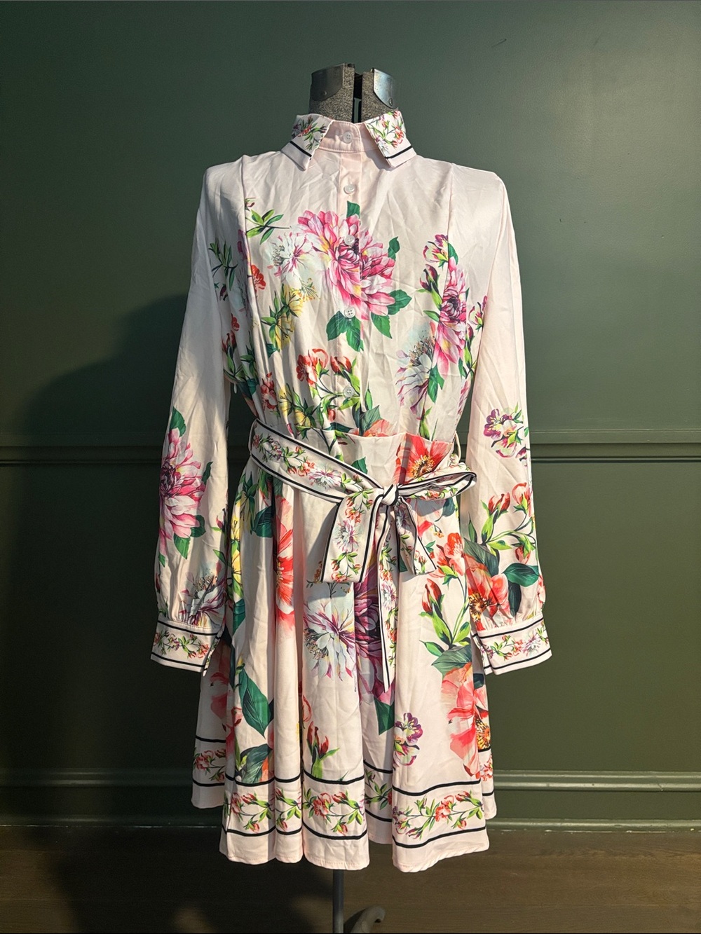 Floral Belted Shirt Dress light pink with Pink & Green Blooms and a black stripe